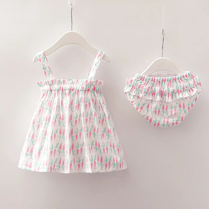 Roupas sem Mangas Vestido plus Briefs Conjuntos de Roupas de Verão Novo Bebê Recém nascido Meninas 2 Pcs Outfits Set Listrado Impresso Bonito Sunsuit 0 24 m 24 vestido + cuecas 2 pçs conjunto de