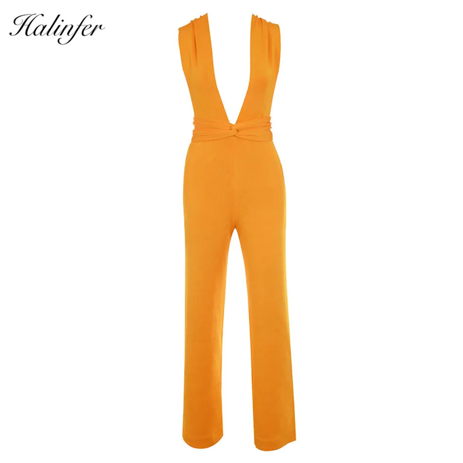 Halinfer 2018 Summer new style European and American fashion sleeveless orange bandage pants tight elastic package long pants Dresses