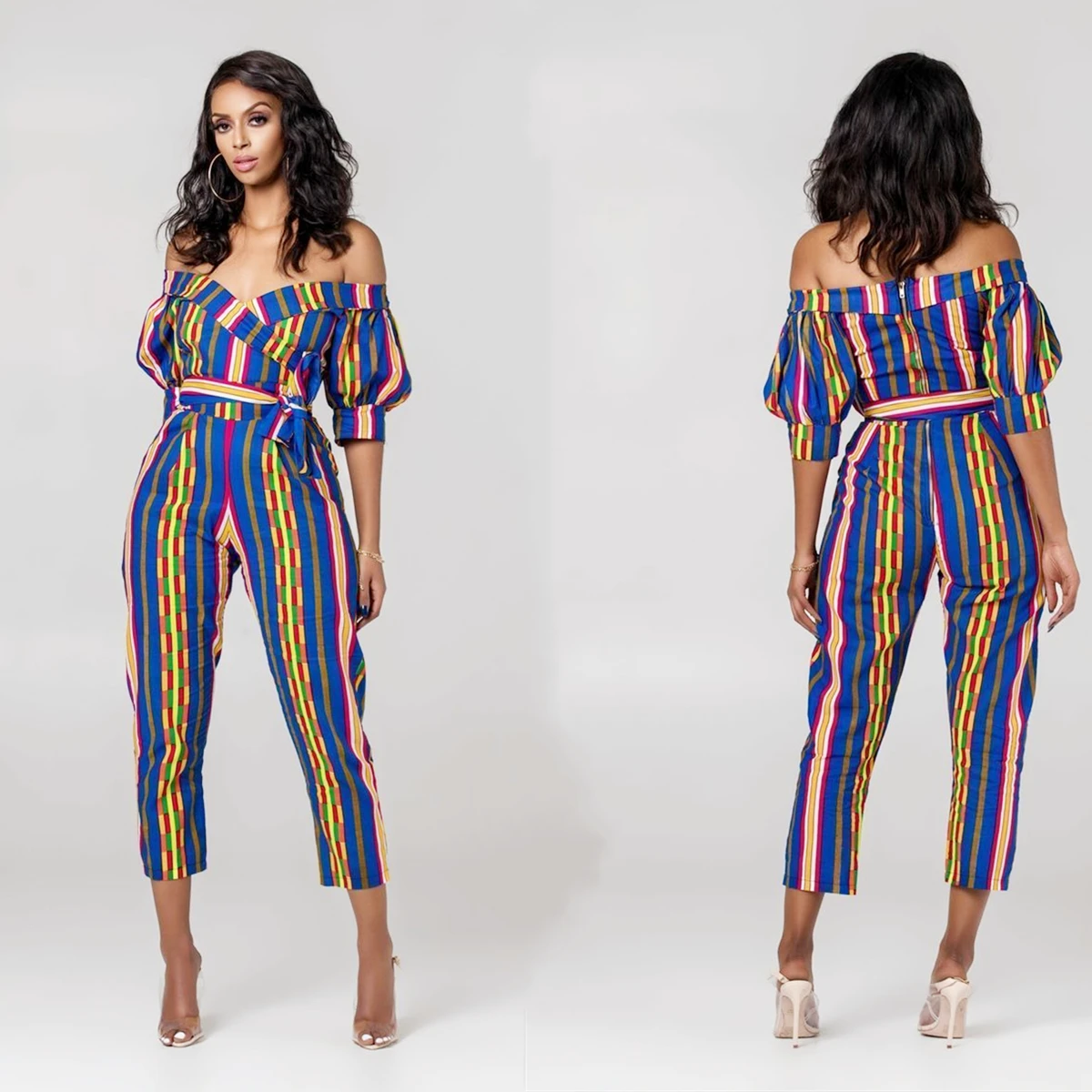 

Colorful striped puffed sleeve jumpsuits for women 2019 Off shoulder long jumpsuit Casual bodycon skinny street wear overalls