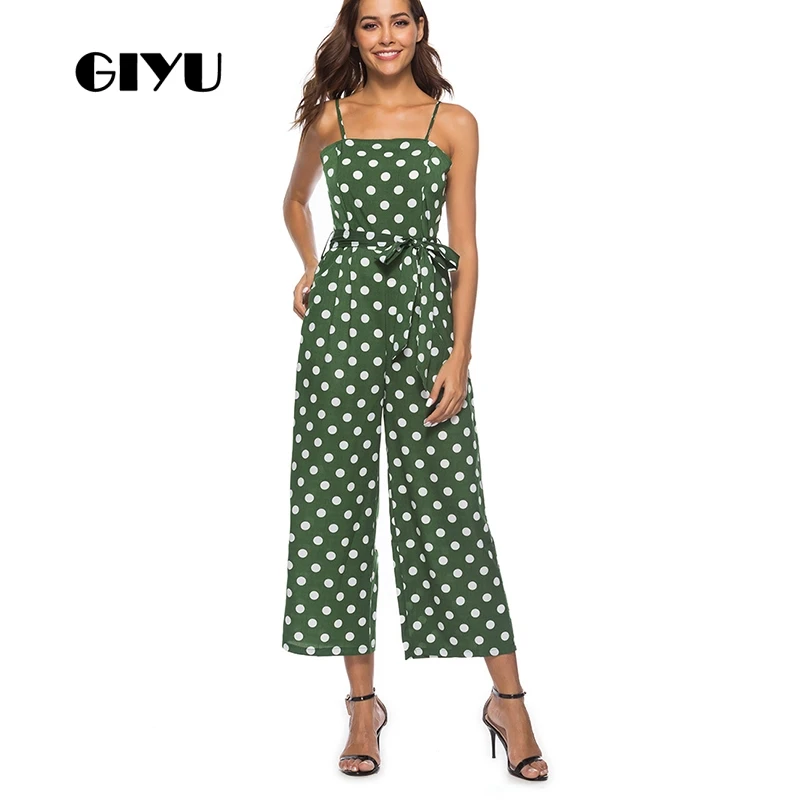 

GIYU Dot Printing Tie Up Long Jumpsuits Sashes Women Sleeveless Strap Overalls Sexy Backless High Waist Wide Leg Romper 2019
