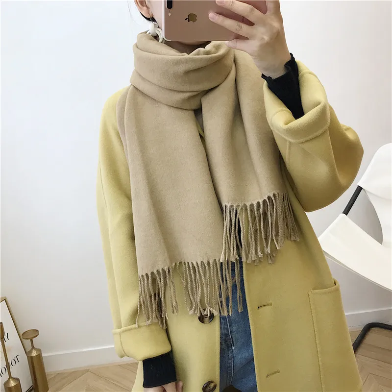 Female new 10 colors tassel scarf monochrome double-sided warm shawl imitation cashmere bib
