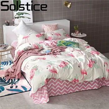 

Solstice Home Textile Pink Flamingo Duvet Cover Pillowcase Wave Stripe Bed Sheets Girl Woman Kid Teenage Bedding Linen Set Queen