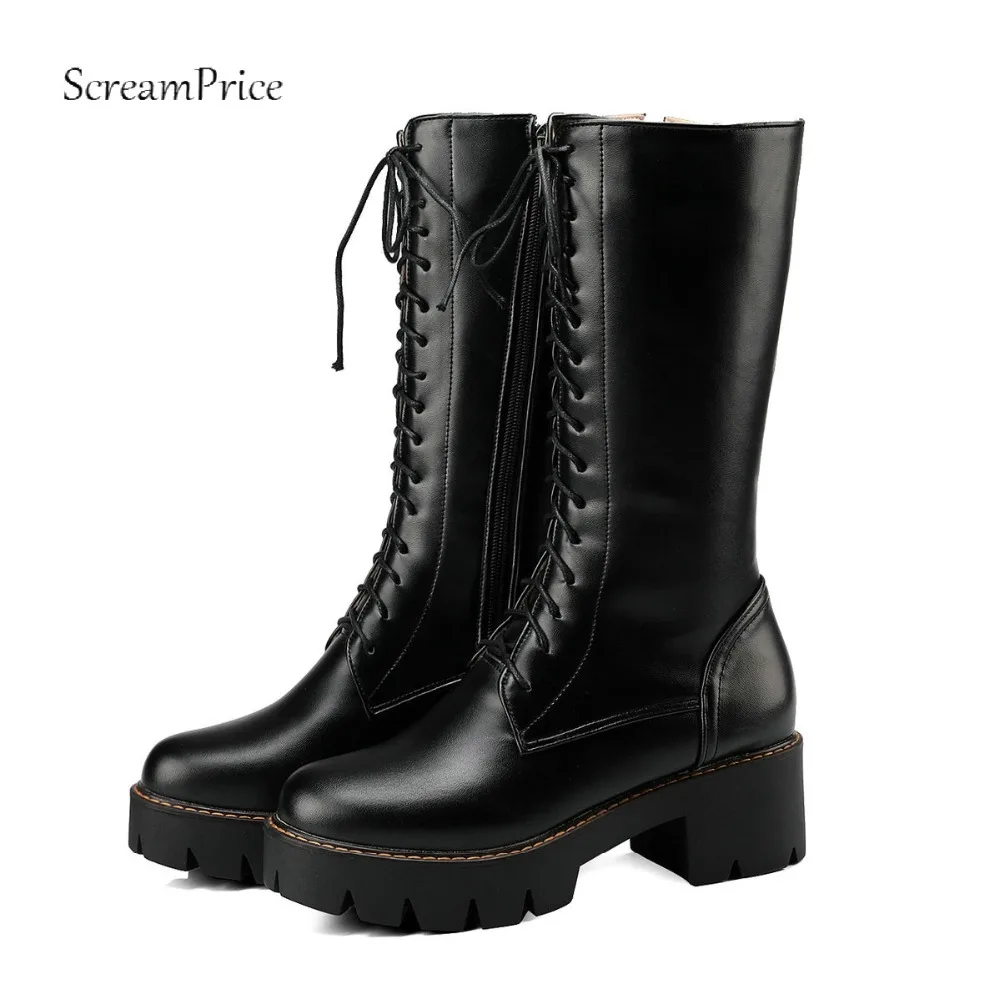 Achat 2018 Femmes Lacent Martin Bottes Talon Épais Genou Haute Bottes De Mode Plate Forme Glissière Latérale D hiver Femme Chaussures Noir Blanc brun