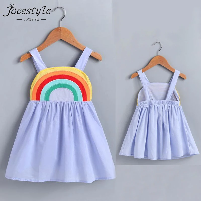 

Cute Children Girls Dresses Cartoon Rainbow Print Summer Spring Sundress Kids Sleeveless Backless Sling Princess Dress for Girsl