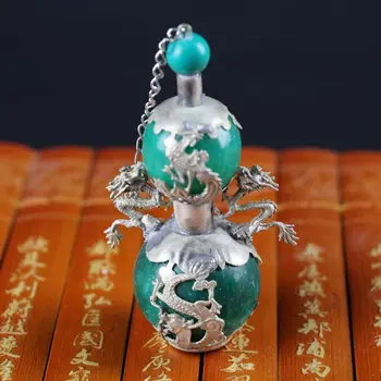 

Collection of Miao silver jade dragon and phoenix gourd-shaped snuff bottles