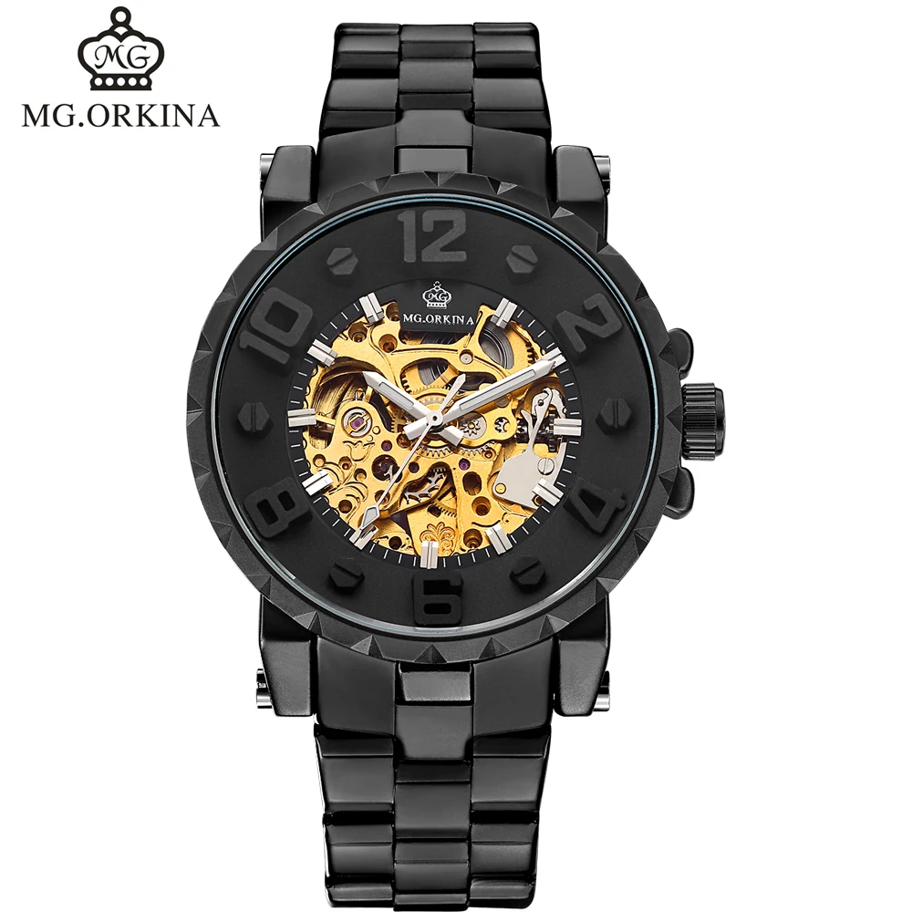 Orkina Jameker мужские наручные часы с золотым скелетом Механические Мужские наручные часы черные Relogio Masculino автоматические Zegarek Meski