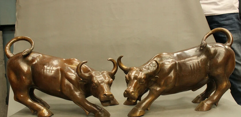 

JP S0606 16 China Folk Auspicious Chinese Bronze Copper Wealth Cai Fu Bull Ox Statue Pair