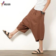 Для мужчин, широкие штаны-панталоны Свободные летнее платье в стиле "Ретро", большой Подрезанные штаны широкие шаровары китайский Стиль льняные мешковатые homme masculina