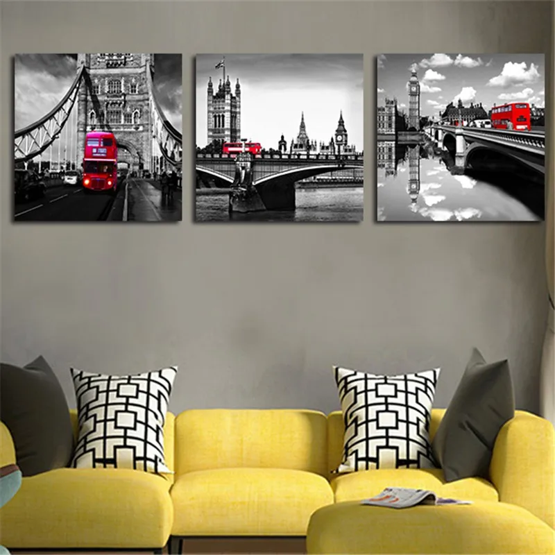 2016-3-Pieces-New-Modern-Home-Decor-Wall-Painting-Red-Bus-Bridge-Canvas-Art-Poster-Picture