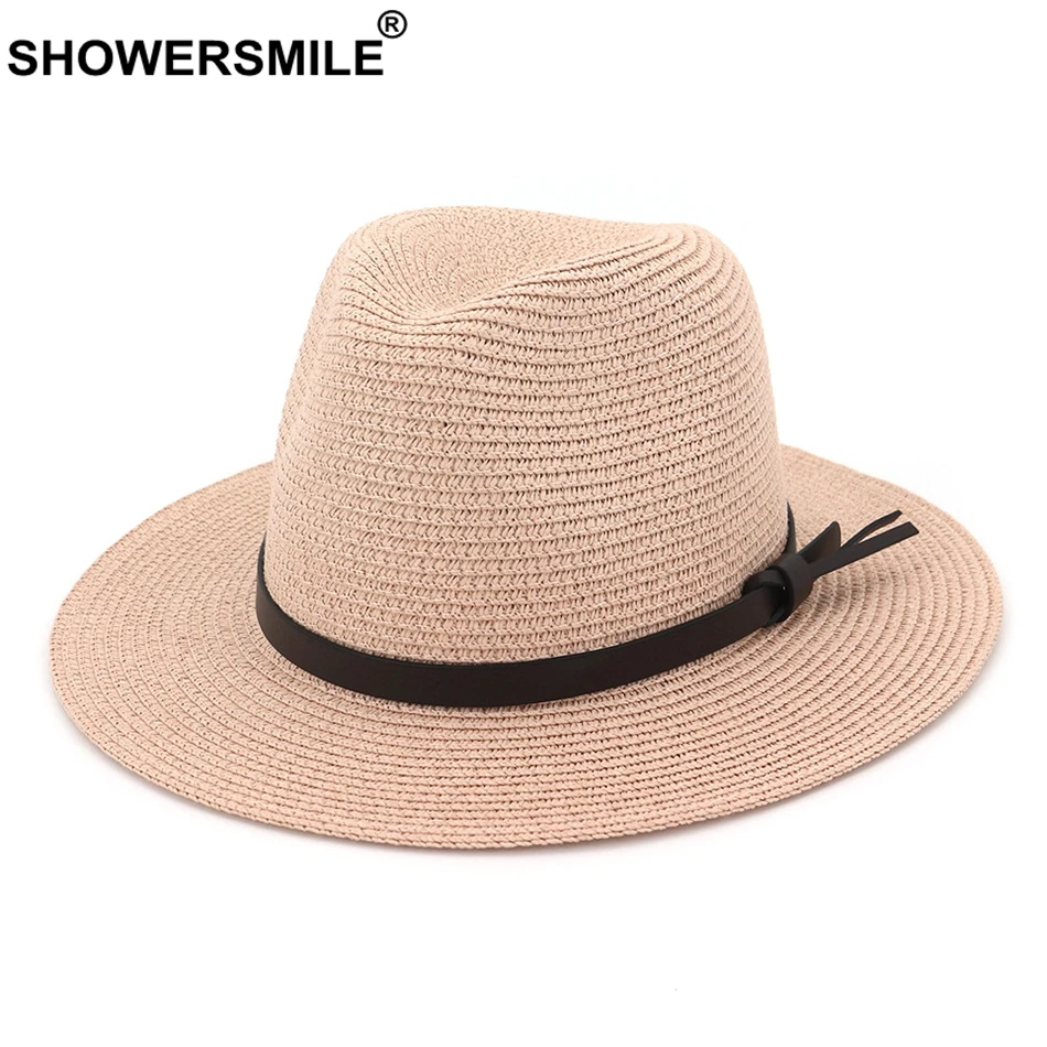 SHOWERSMILE, женские шляпы от солнца, бежевые Бумажные Соломенные Панамы, женская пляжная шляпа с широкими полями, джазовая Кепка, летняя Классическая Дамская брендовая фетровая Кепка s