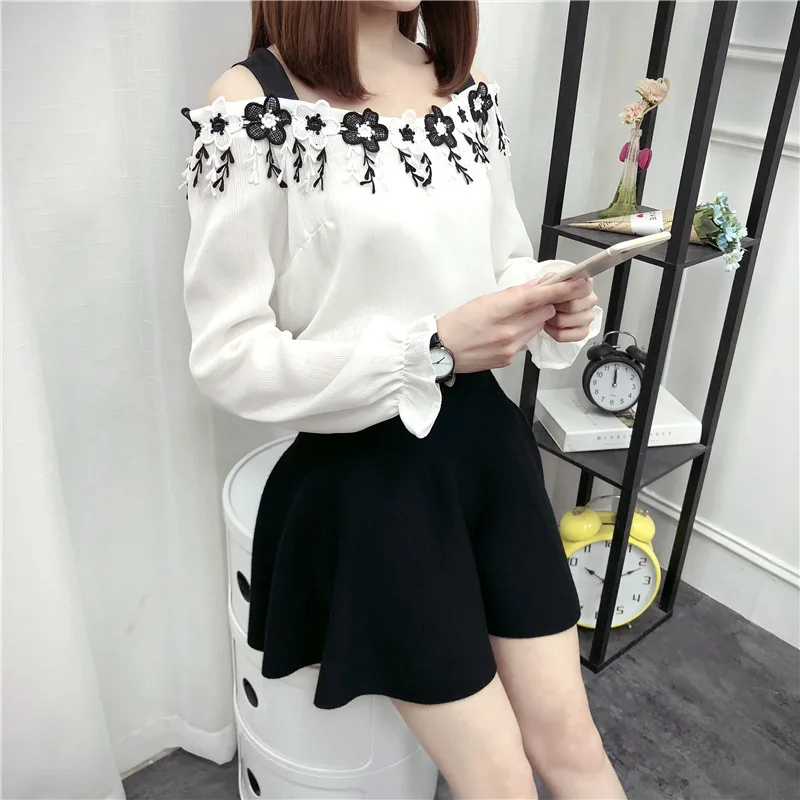 

Mr.nut real shot spring new sweet flowers leaking shoulder chiffon shirt Slim was thin collar long sleeve shirt women