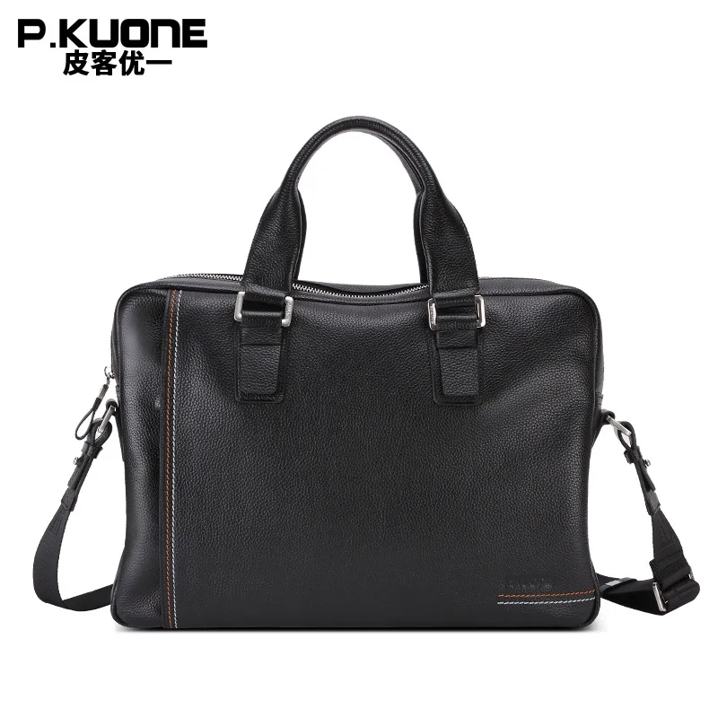 

P.Kuone NEW Designer Natural Genuine Leather Business Briefcase 14" Laptop Bag Full Grain Leather Men Shoulder messenger bags