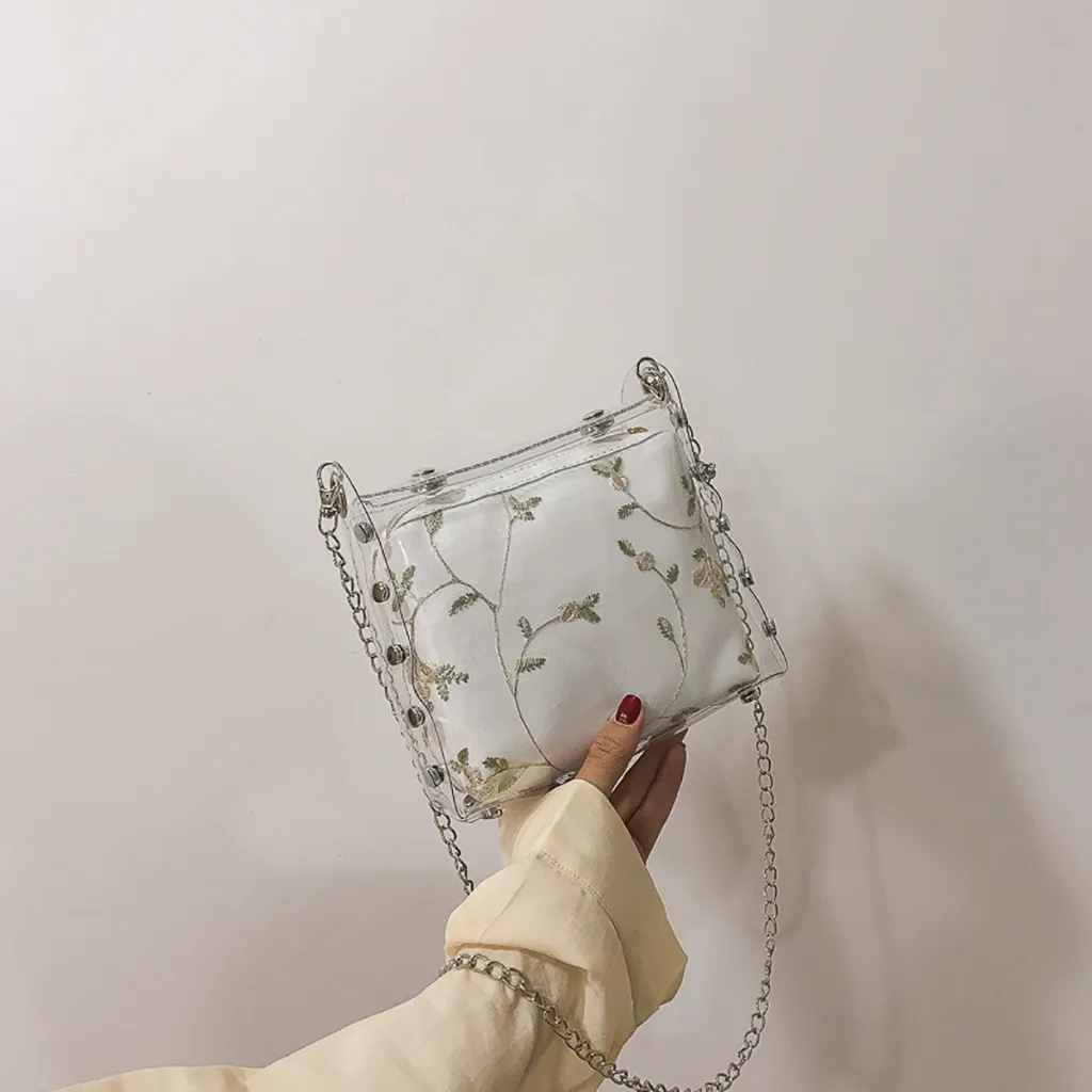 

Women Transparent PVC Lace Solid Chain Bag Joker Zipper Pure Color personality One Shoulder Crossbody Bag Messenger Bag 20H