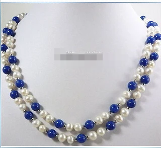 

FREE SHIPPING2 Rows Real White Pearl Lapis lazuli Beads 18KWGP Clasp Necklace