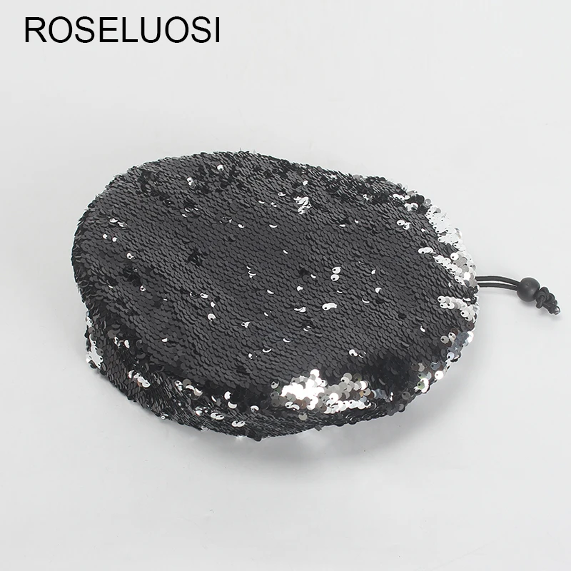 

ROSELUOSI Women Fashion Sequin Beret Hat Autumn Winter Black Bonia For Woman Adjustable Berets Cap Boinas Para Mujer