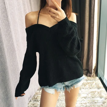 

Missord 2020 Autumn and Winter Sexy Off Shoulder Backless Cross Solid Color Knitted Sweater MQ19636