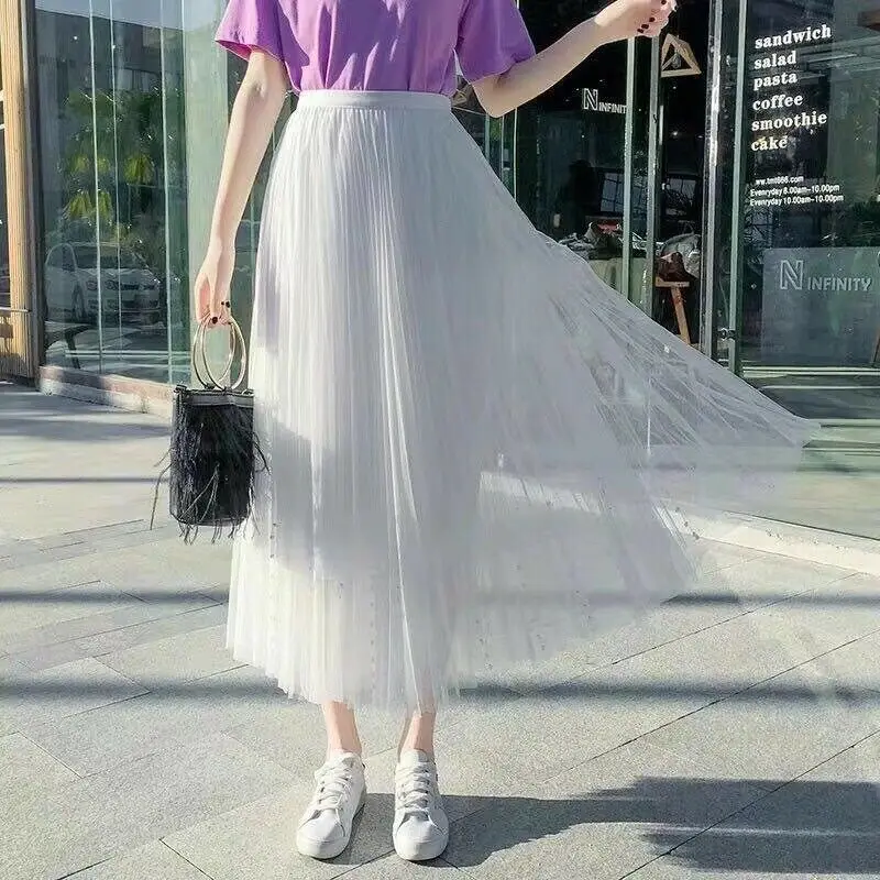 

Women Princess Tulle Pleated Long Skirt Wedding Prom Beading Loose High Waist Skirts White Black Pink Blue Gray