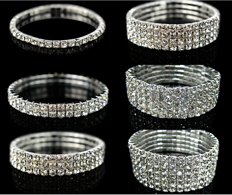 

Bling Clear 1/2/3/4/5/6 Rows Women Rhinestone Silver Plated Elastic Bracelet Bangle Wedding Bridal Wristband Jewelry A001H