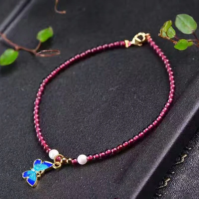 Wholesale Garnet Stone Natural Crystal Anklets With Baked Blue Butterfly Pendant Anklet Chain Women Anklet Simple Style Jewelry