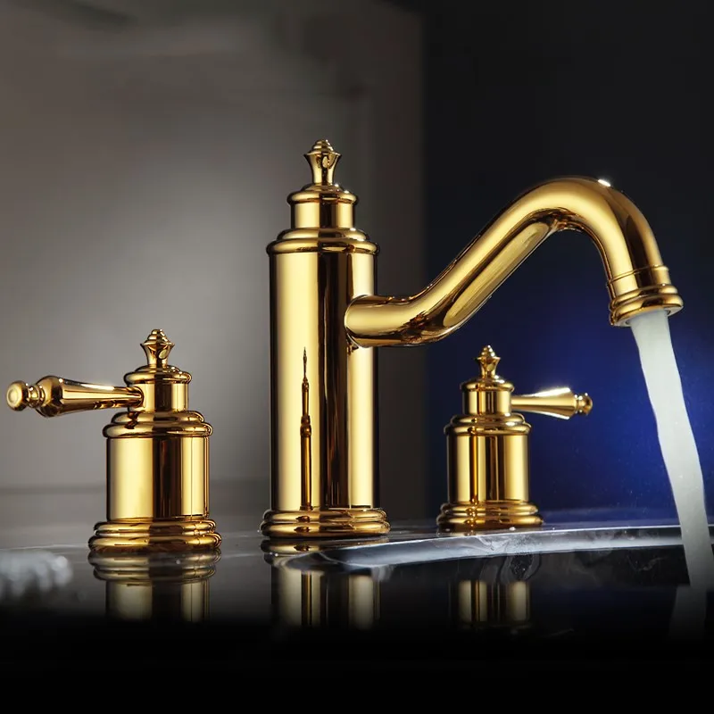 Лучший роскошный золотой латунный двойной ручкой три широкий с отверстиями кран для раковины ванной комнаты высокого качества туалетный столик кран-смеситель