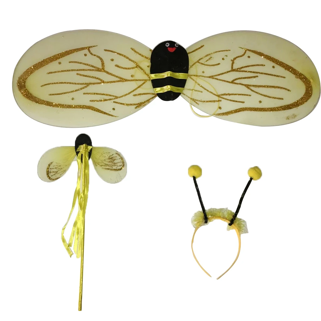 1 Set Children Yellow Bee Removable Wings Wand Headband Dress Up Fancy Dress for Halloween Kids Party Costumes Accessories