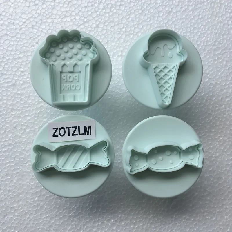 

4 pcs/Lot Sweets Snack Series Plastic Cookie Cutters Pastry Biscuit Cake Mold Baking Tools Popcorn Ice Cream Candy Shapes SLP002