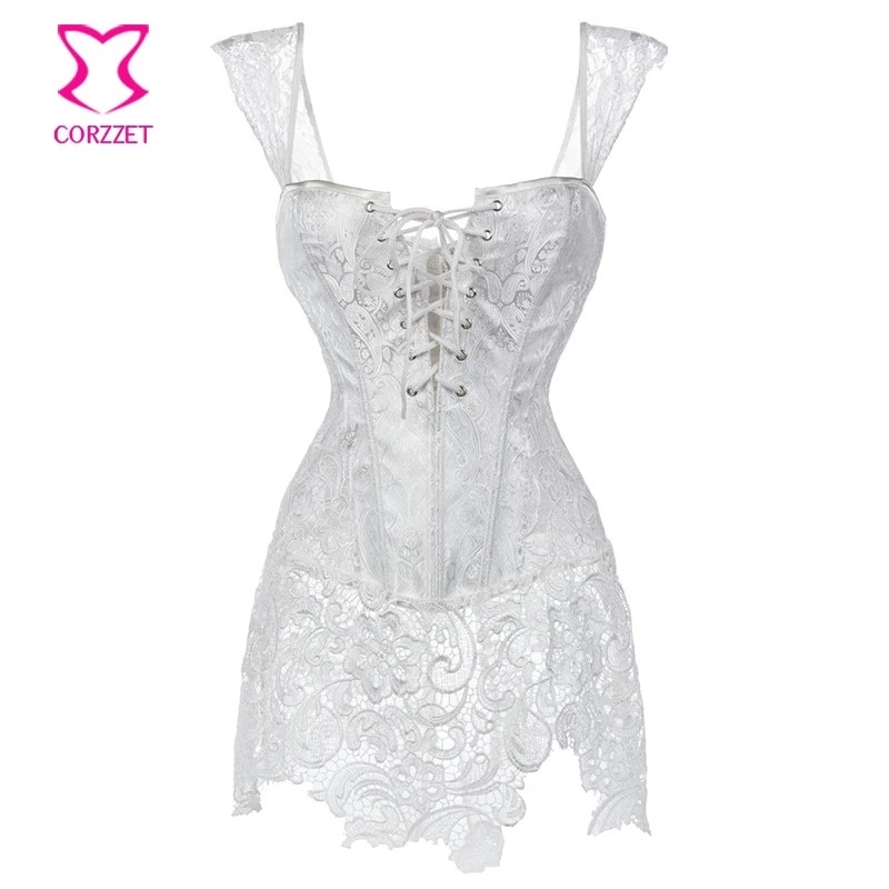 

White Paisley Pattern Brocade & Lace Skirted Bridal Corset Bustier Tops Plus Size Korsett For Women Wedding Dress Sexy Lingerie