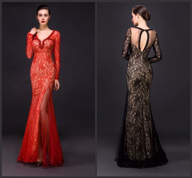 Fente latérale noire robe de soirée longue avec manches longues col v Cut retour sirène Sexy