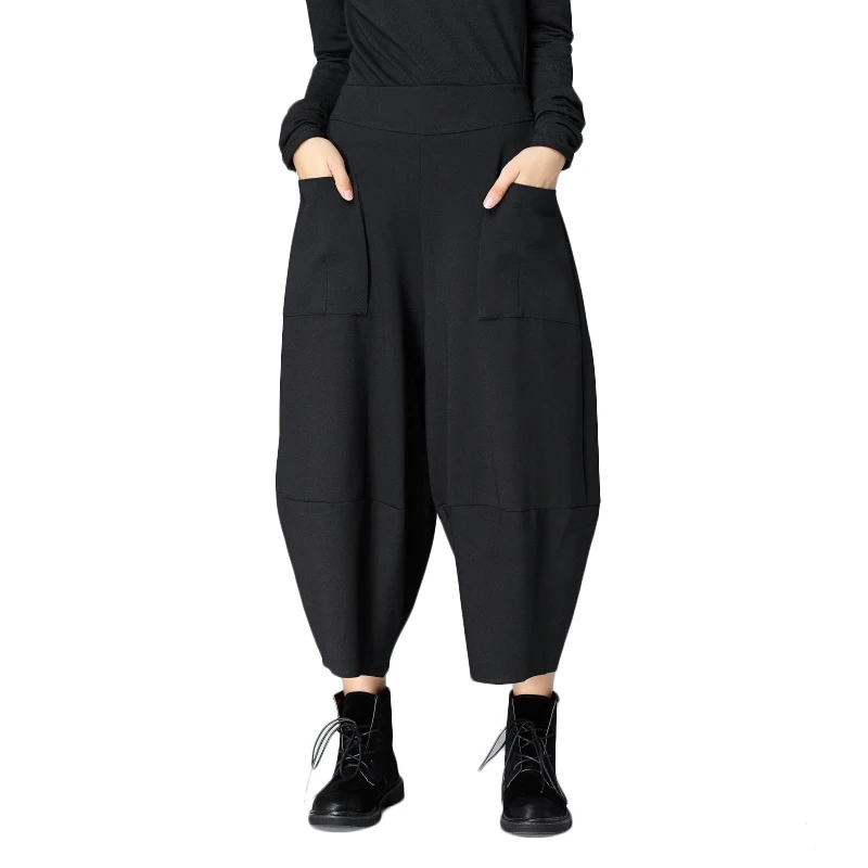 [EAM] Новинка Осень Высокая талия сплошной черного цвета серый Свободные свободные штаны женские брюки модные тенденции универсальные JC56401