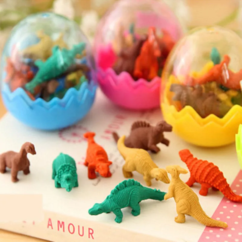 

Hot sale 7Pcs/Set Mini Rubber Eraser Cute Dinosaur Egg Eraser Box School Stationery Office Supplies Random Color 5*4cm