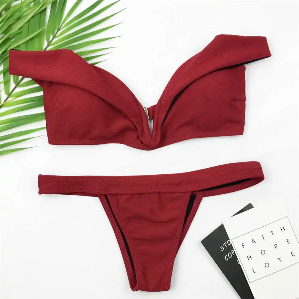 

Sexy Off Shoulder Bikini Women Solid Swimwear Push Up Swimsuit Brazilian Biquini Thong Bikinis Red Bathing Suit Maillot De Bian