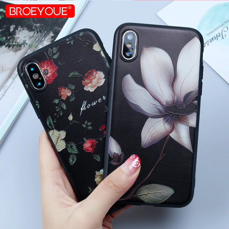 

Luxury Black Phone Cover For iPhone 7 8 Plus X 6 6S Plus 3D Relief Red Retro Floral Pattern Case For iPhone 5 5S SE XR XS Max
