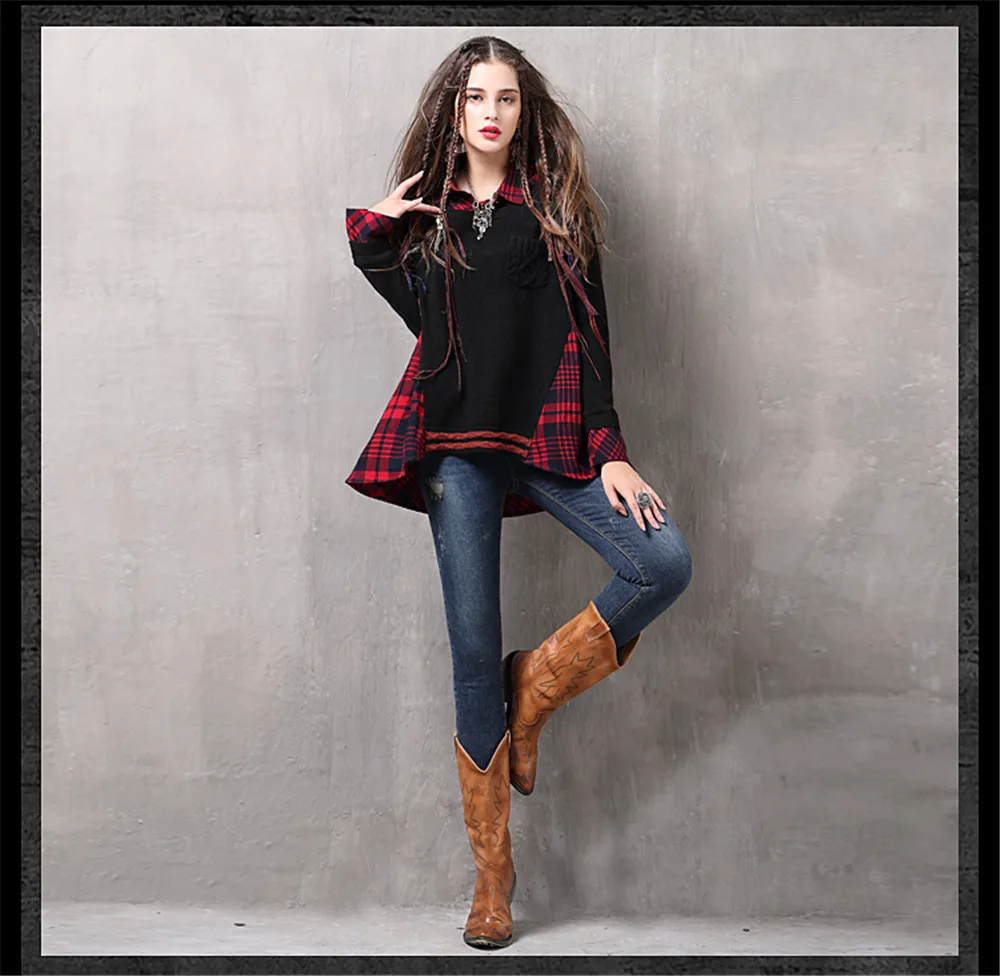 Vintage Patchwork Fake 2 Piece Women Blouse Knitted Plaid Long Sleeve Turn-down Collar Shirt Blouse For women Winter Top  (8)