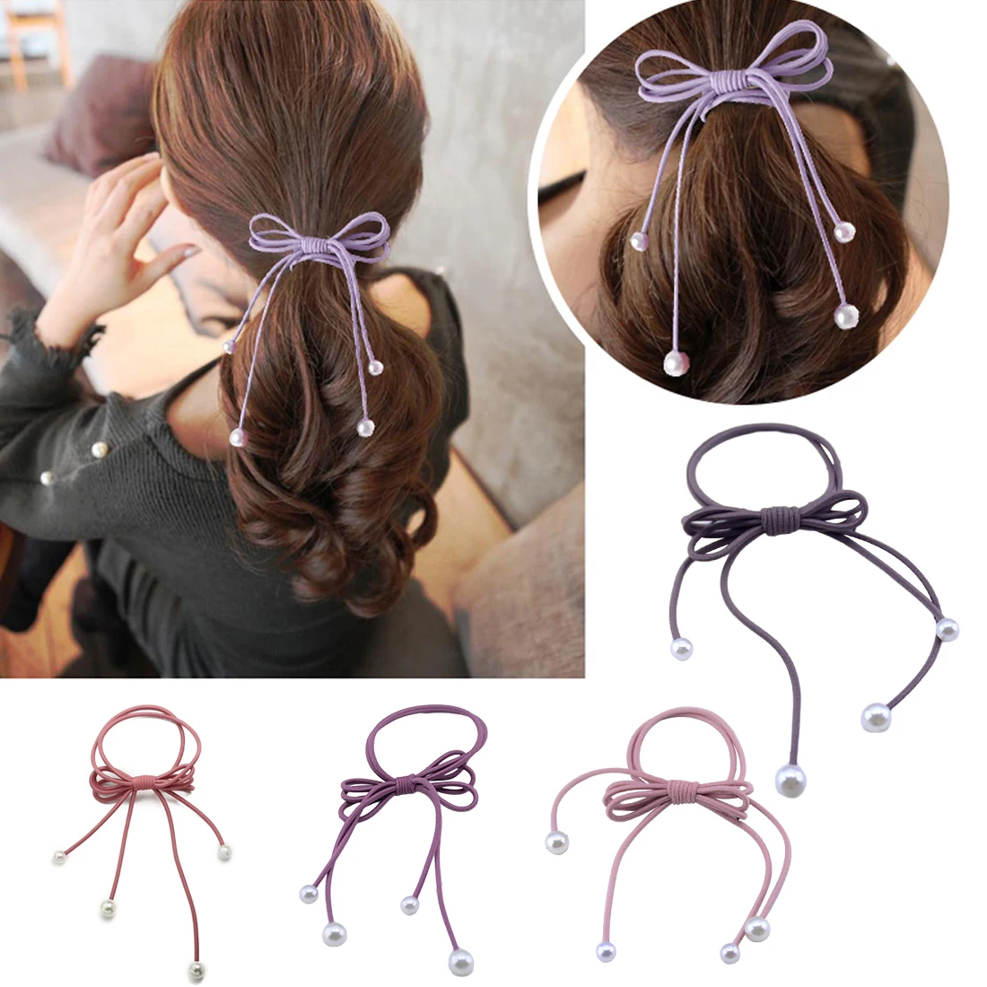 5PCS/lot Women Tiara Satin Ribbon Bow Hair Band Rope Scrunchie Ponytail