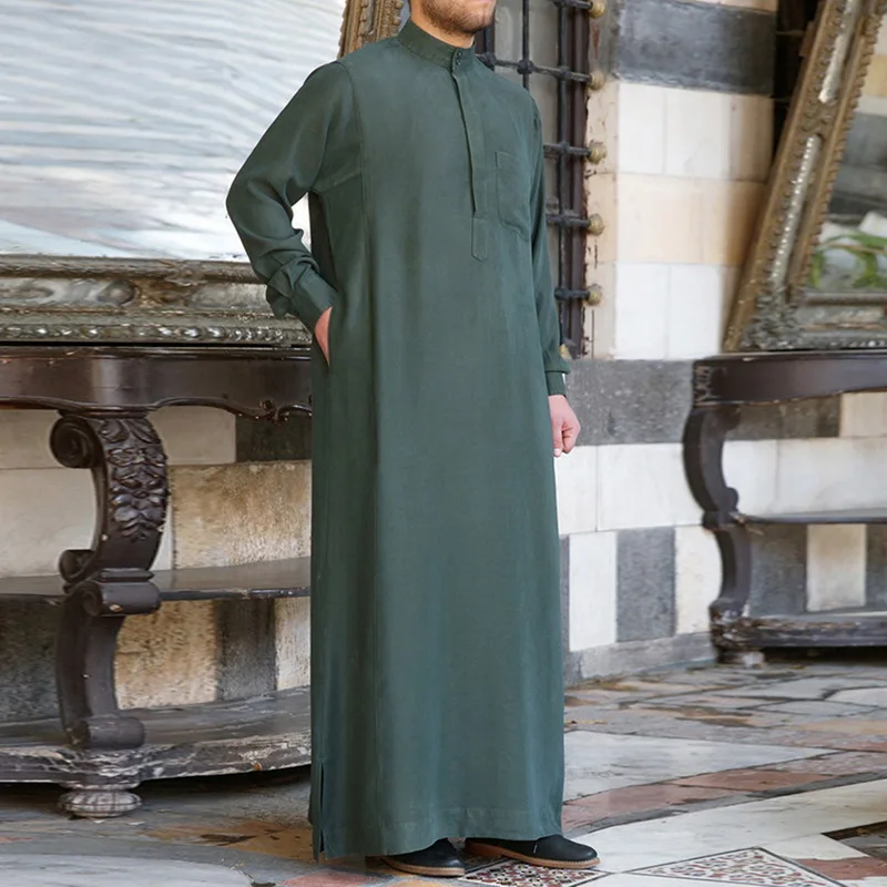 

Formal Long Sleeve Muslim Arabian Men Robes Solid Color Abaya Robe Islamic Male Full Length Sleeve Long Outfit Shirt
