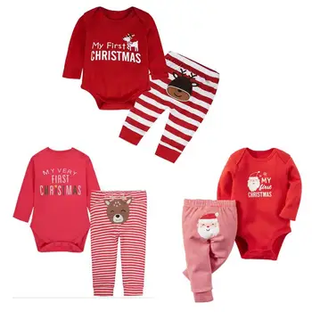

Baby Christmas Romper suit Santa Elk 2pc sets long sleeve romper+striped pants Infants Xmas pajama sets baby festivals gifts