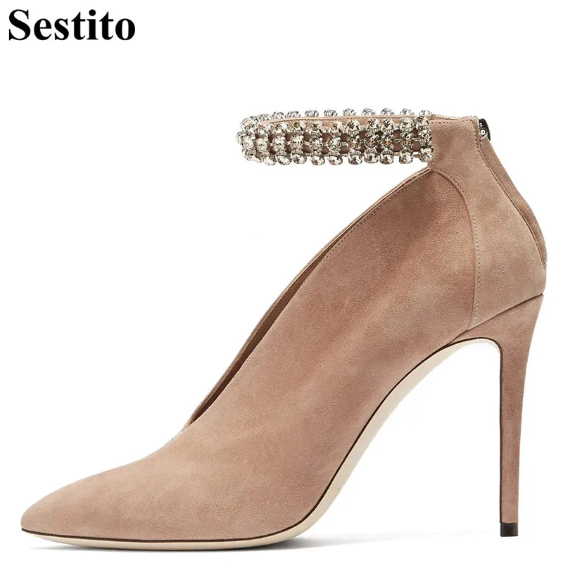 

2018 Fashion Solid Pointed Heels Crystal Party Pumps Thin Heels Ankle Strap Women Pumps Zip Flock High Heels Autumn Ladies Shoes
