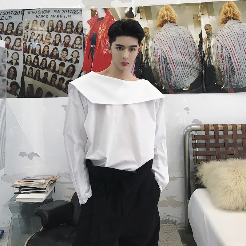 

Male Asymmetric Collar Design Fashion Casual Loose Long Sleeve Dress Shirts Men Black White Pullover Shirt