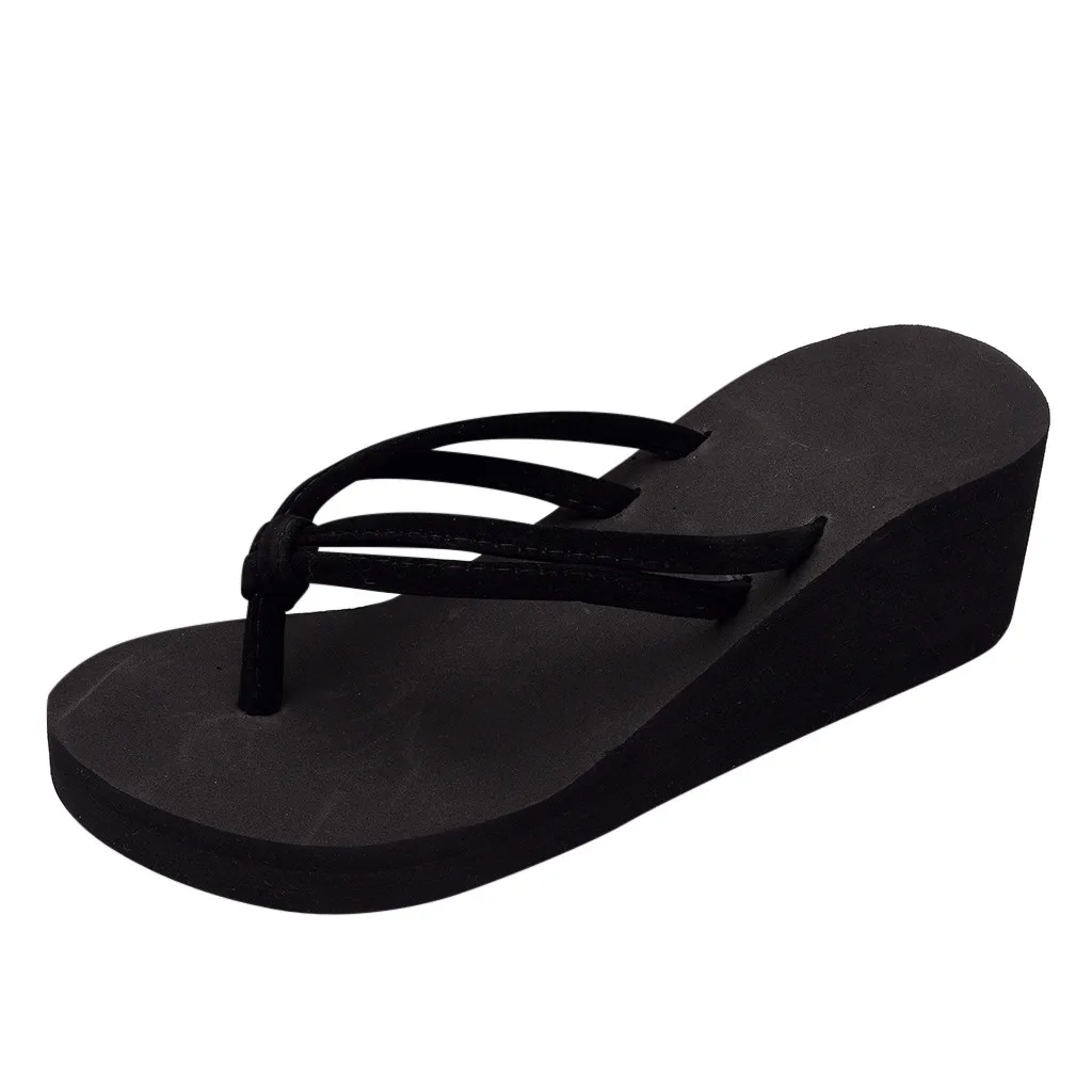 Женские однотонные Нескользящие вьетнамки на высоком каблуке; пляжные сандалии на танкетке; Вьетнамки; летние пляжные сандалии; женские шлепанцы;# L5 - Цвет: Black