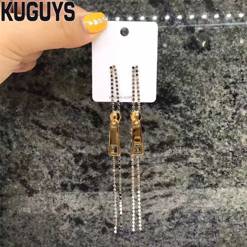 

KUGUYS Trendy Jewelry Fashion Long Tassel Earrings for Womens Pendientes Gold Zipper Drop Earring Oorbellen Brincos Accessories