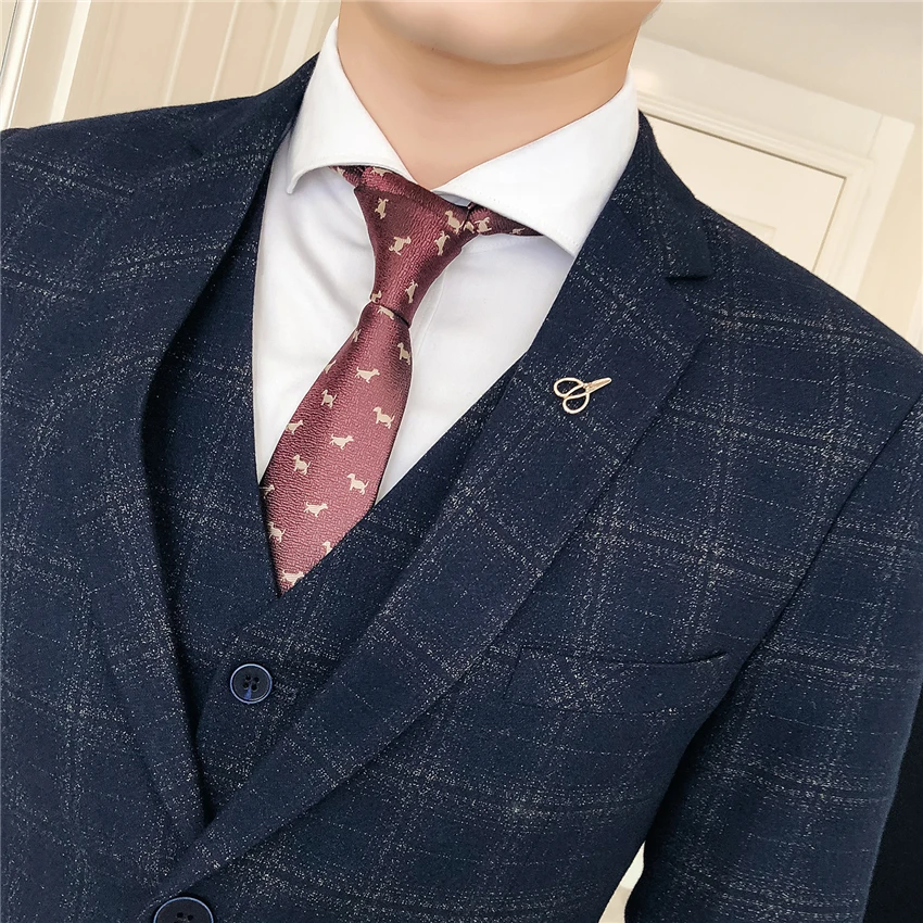 High-end-Männer Anzüge Wein Rot Navy Blau Mode Business Casual männer Karierten Anzug Jacken mit Weste mit hosen
