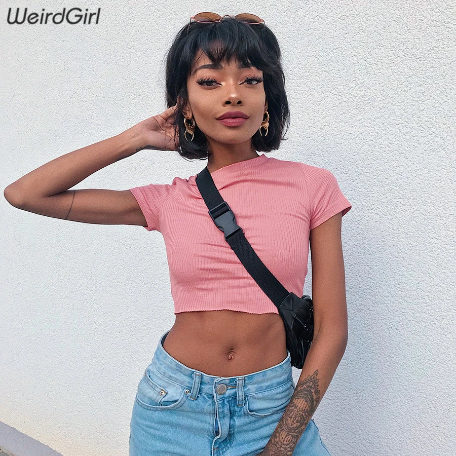 

Weirdgirl women casual fashion pink t-shirts o-neck short sleeve female Bottoming Shirts Stretchy Basic Ladey TShirts Blusas