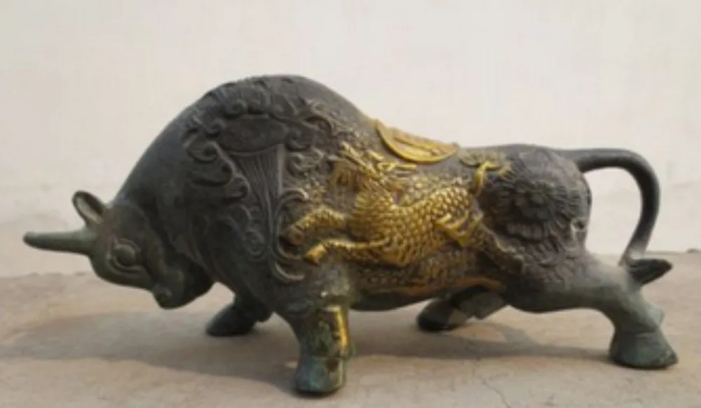 

Chinese Antique Bronze Cow With Gold Gilt Kylin Statue Free Shipping