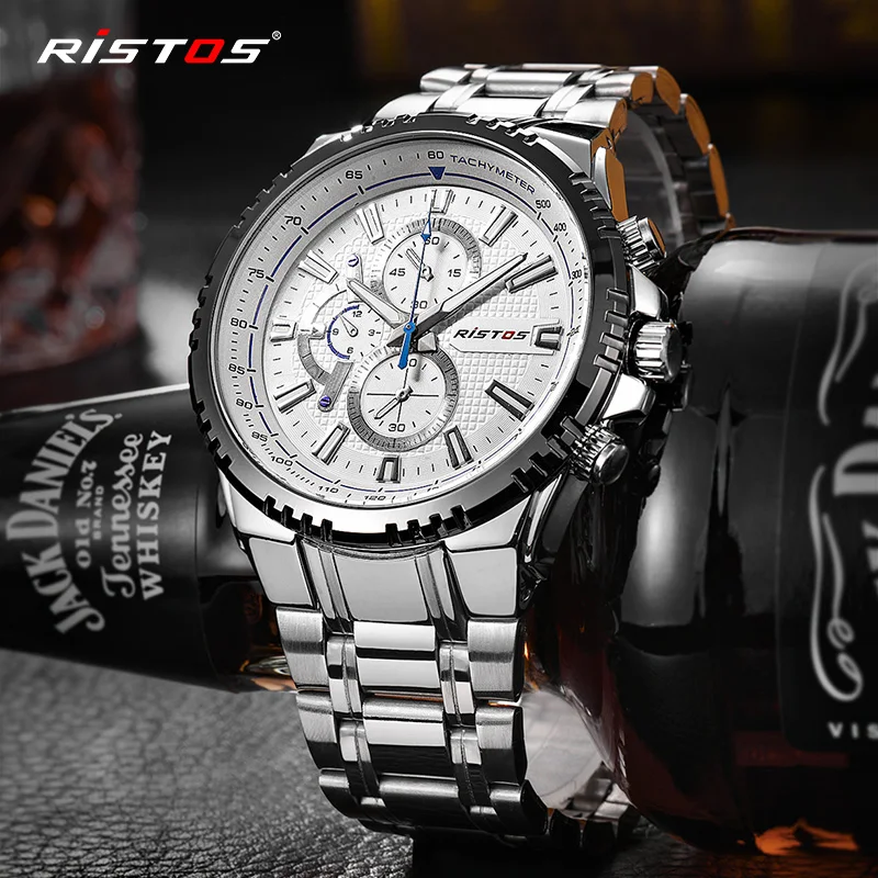 RISTOS Male Watches Military Wristwatch Stainless Steel Reloj Hombre Men Quartz Watch Reloj Masculi