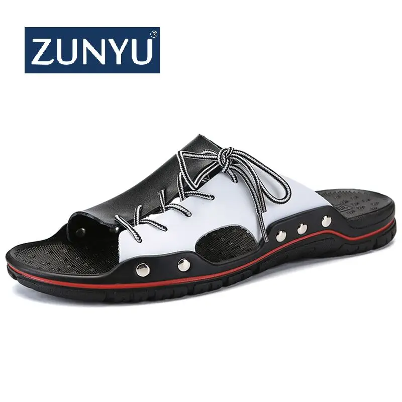 Мужские шлепанцы ZUNYU из натуральной кожи летние на плоской подошве мужские