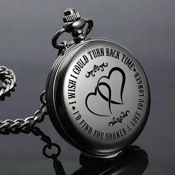 

Retro Black Smooth Watches Men Engraved LOVE YOU LONGER Pocket Watch I WISH I COULD TURN BACK TIME Theme Gift for Lovers Watch