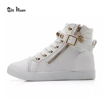 

Qin Kuan Mixed Color Platform Flat Heel Shoes Women Fashion Round Toe Lace Up Zip Rivets High Top Shoes Size 35-40