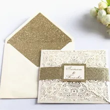 Жемчужные свадебные приглашения цвета слоновой кости с Блестящими Золотыми конвертами, лента для живота, печать на заказ, вечерние приглашения для лазерной резки, 50 шт