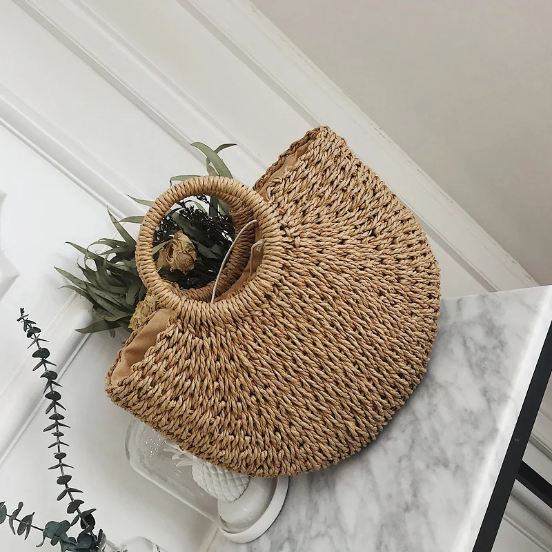 

Anderi Handmade Rattan Woven Round Lady's Handbag Straw Knit Summer Beach Bag Woman Shoulder Messenger Bag Khaki Beige Tote