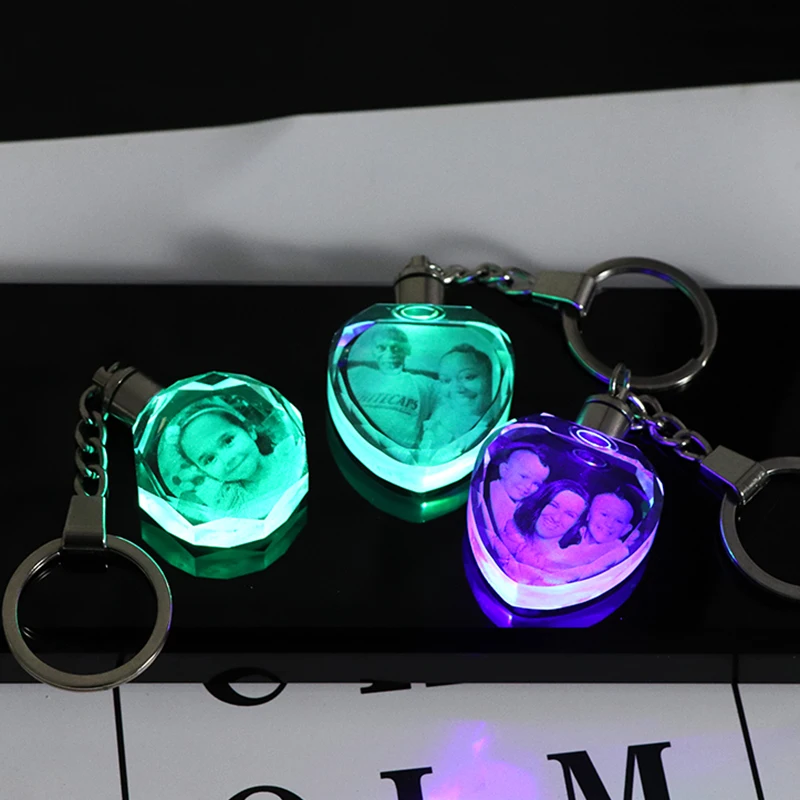 Heart Shape Crystal Photo Frame Laser Engrave Lover Kids Glass Crafts Keychain